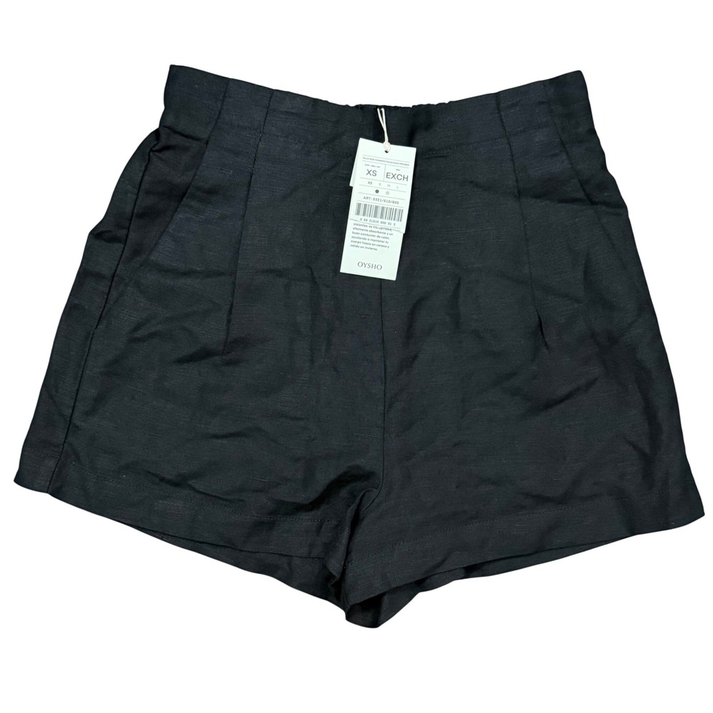 Oysho Womens Black Linen Blend High Rise Pleated Shorts XS NWT‎ 0321/510/800